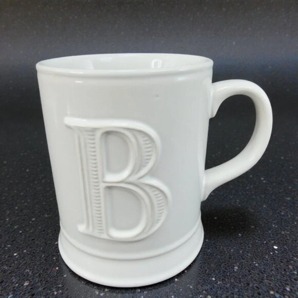 Pottery Barn Monogram Letter B White Raised Letter Ceramic Stoneware‎ Cup Mug